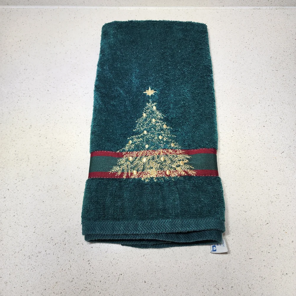 Vintage Green Christmas Tree Towel. Embroidered With Gold Thread